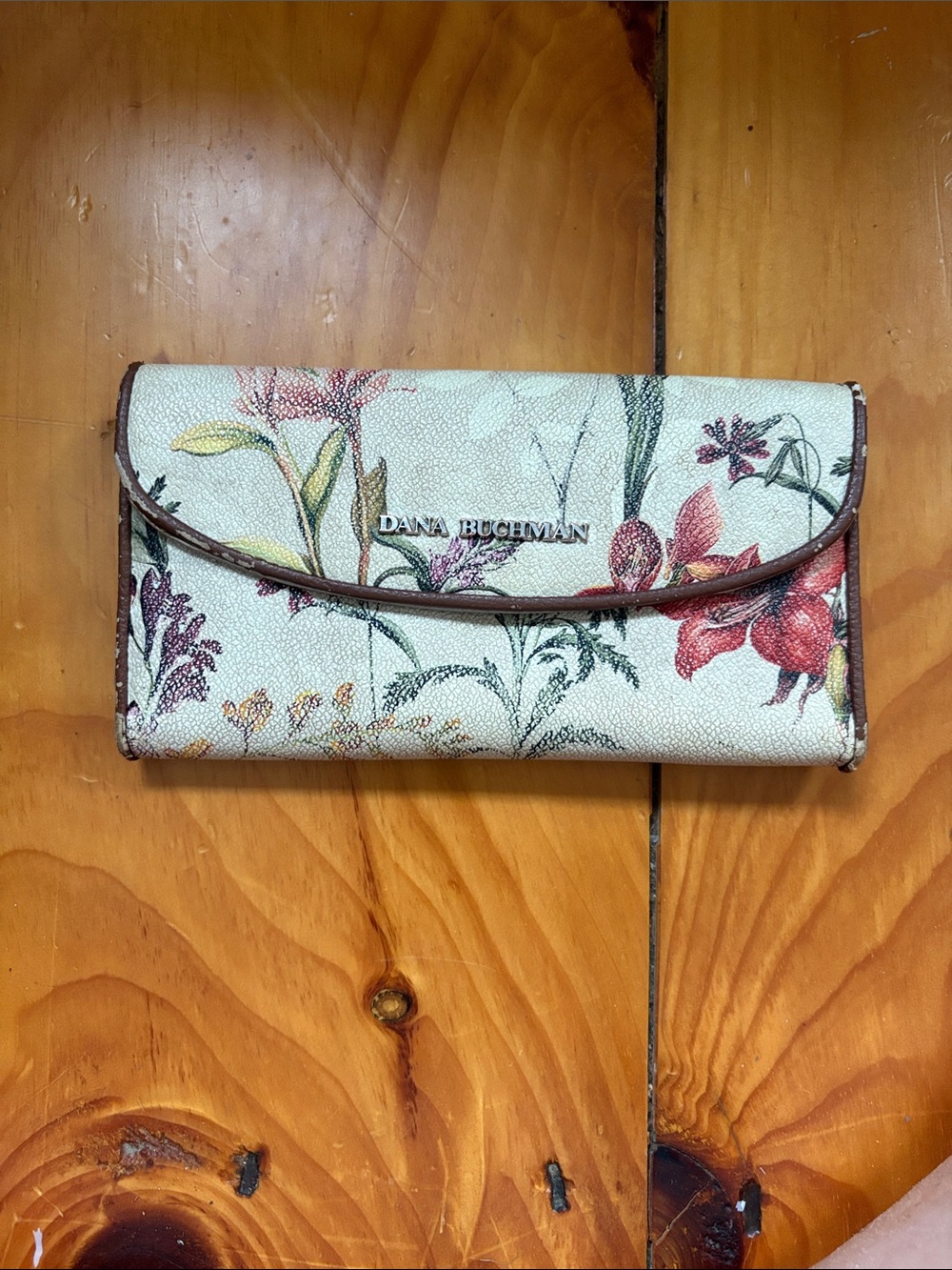 Dana Buchman Cream Floral Trifold Wallet with Multicolor Blooms